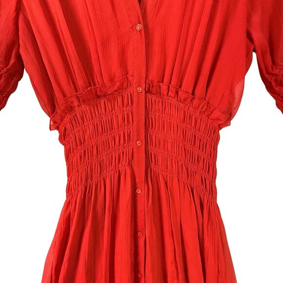 Zara Cherry Red Chiffon Blouson Midi Dress SIZE SMALL Button Front Deep V Retro - Picture 6 of 10
